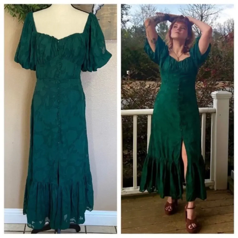 NWOT Lulus Everlasting Charm Emerald Green Floral Jacquard Midi Dress